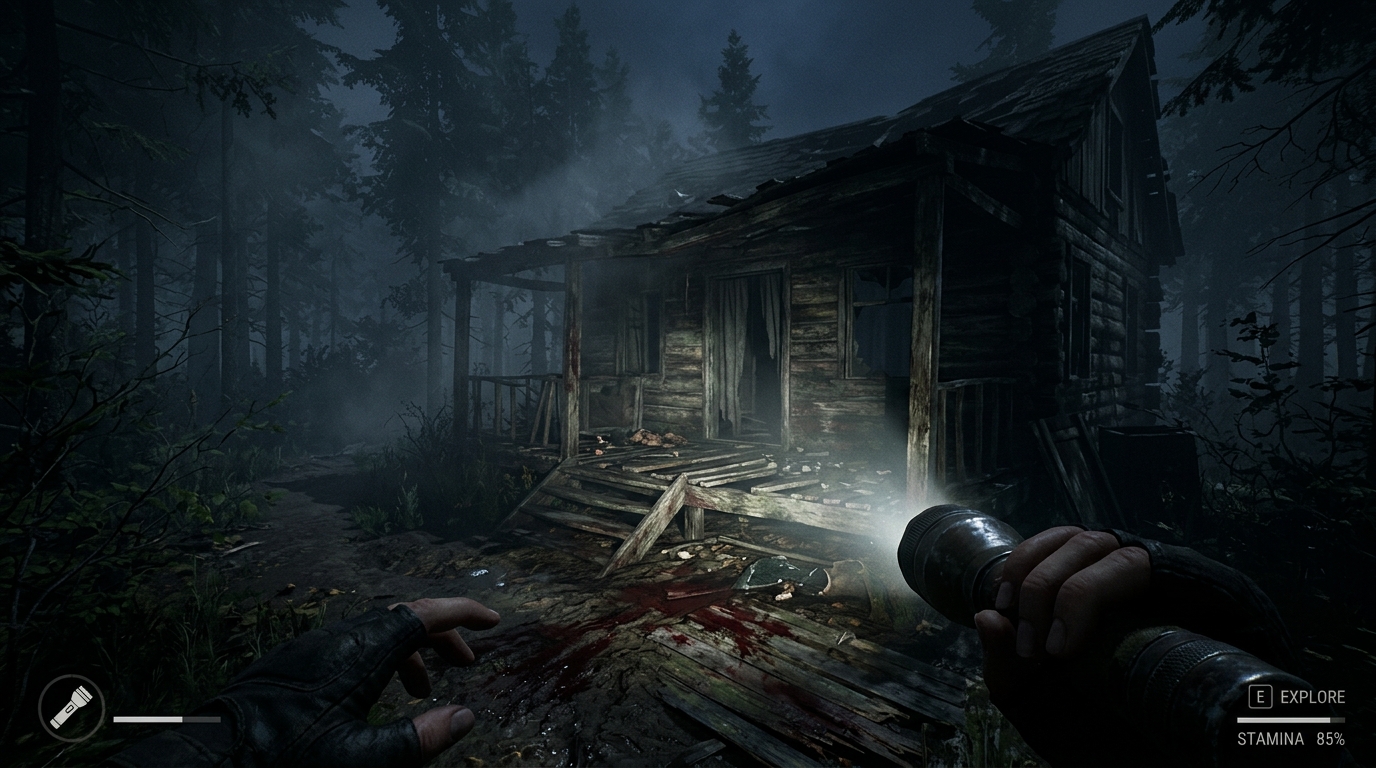 THE SIGNAL: abandoned wooden cabin deep in dark woods with blood trail