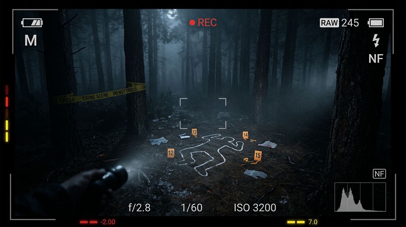 THE SIGNAL: forensic crime scene with body outline and evidence markers